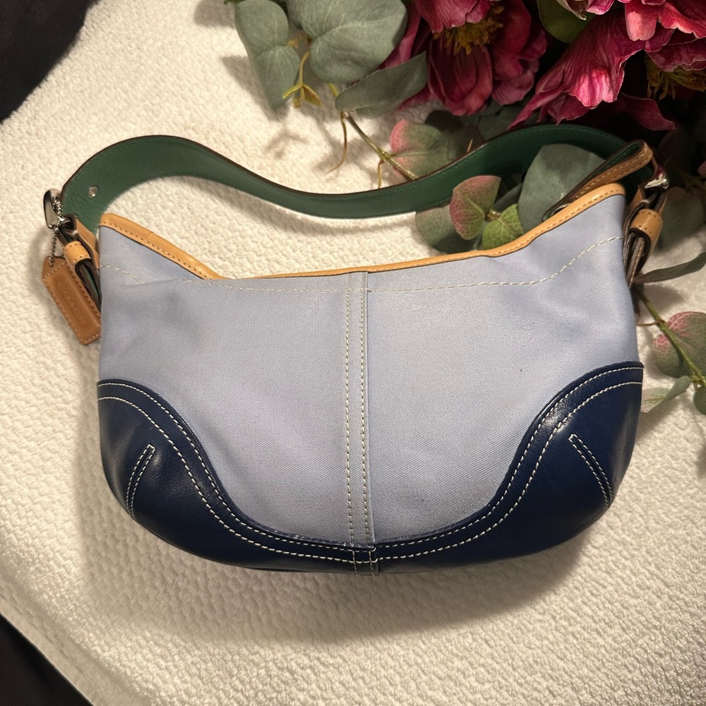 COACH Y2K Soho color block blue satin & leather shoulder  Bag#9508 - Picture 5 of 12